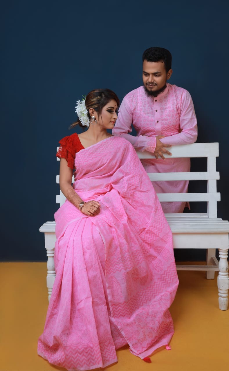 Half Silk Saree and Cotton Punjabi For Combo Couple Dress